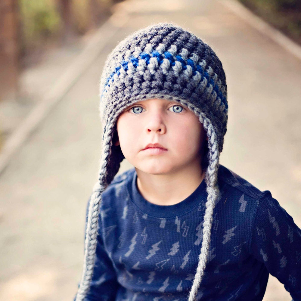 Toddler Boy Hat  Ear Flap Hat Aviator Beanie with Tassels  Charcoal Gray Light  Gray Blue  12 to 36 months - OffTheHookHats