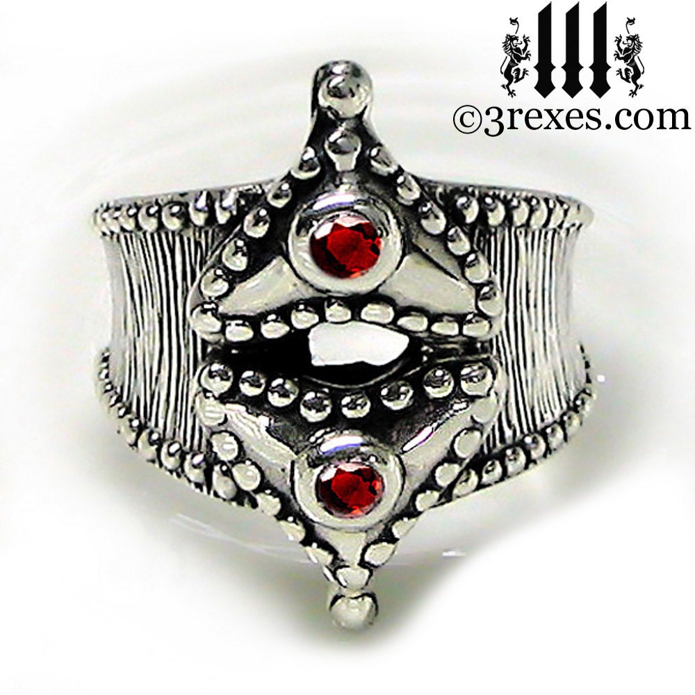 RESERVED Gothic Ring Fairy Tale Heart Engagement Band Medieval Silver Red Garnet Size 10.5