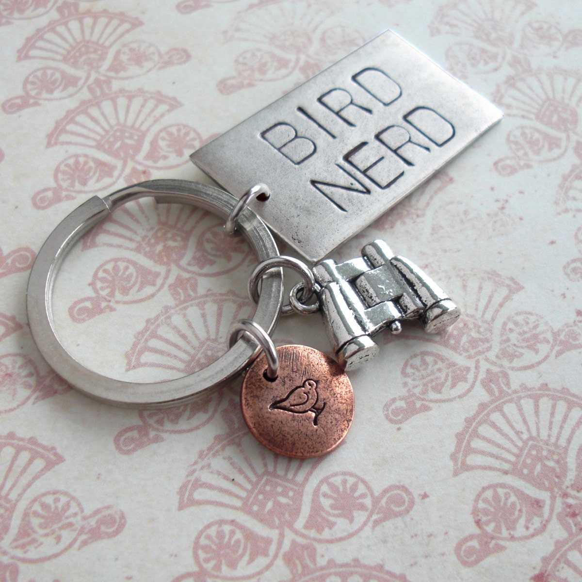 Bird Nerd GRANDE Charm Keychain.. Hand Stamped .. customize stylish antiqued metal charm .. Round pendant in Copper, Silver or Gold - TipsyWhimsey