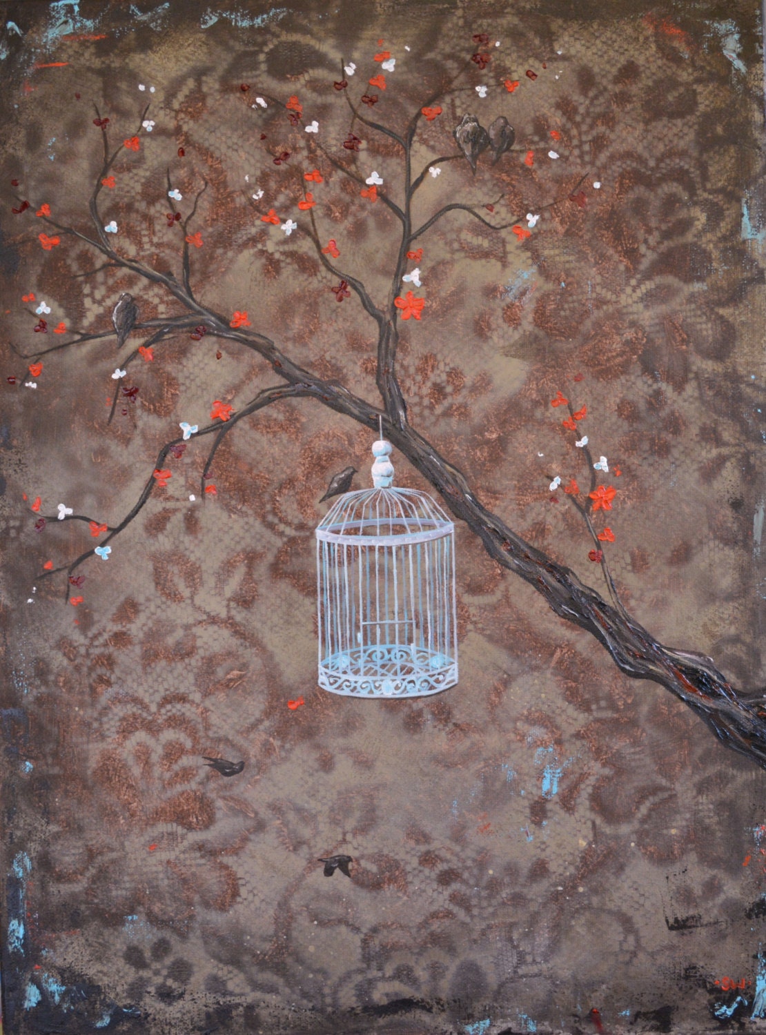 Vintage Bird Cage Original Painting by sheriwiseman on Etsy