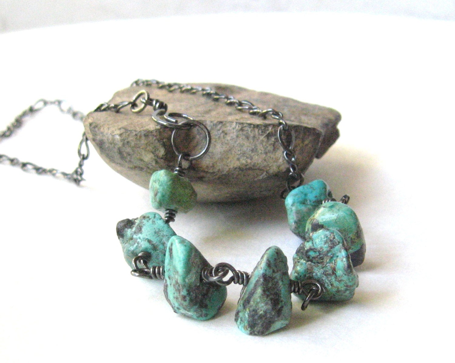 rustic turquoise necklace, turquoise wire wrap necklace, southwest turquoise necklace with oxidized silver - theBeadAerie