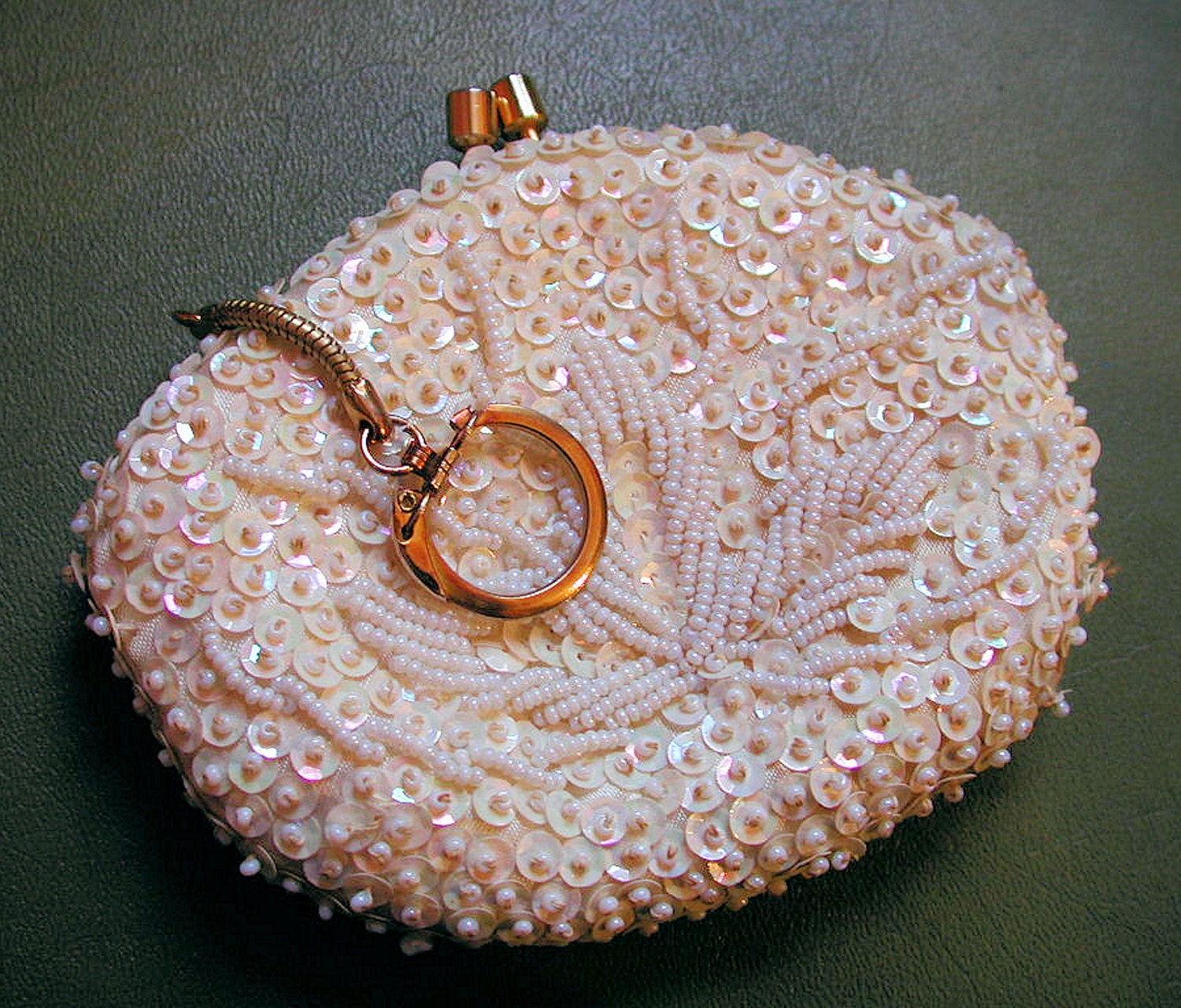 60s White Sequin Change Purse Small Coin Bag Key Ring - MorningGlorious