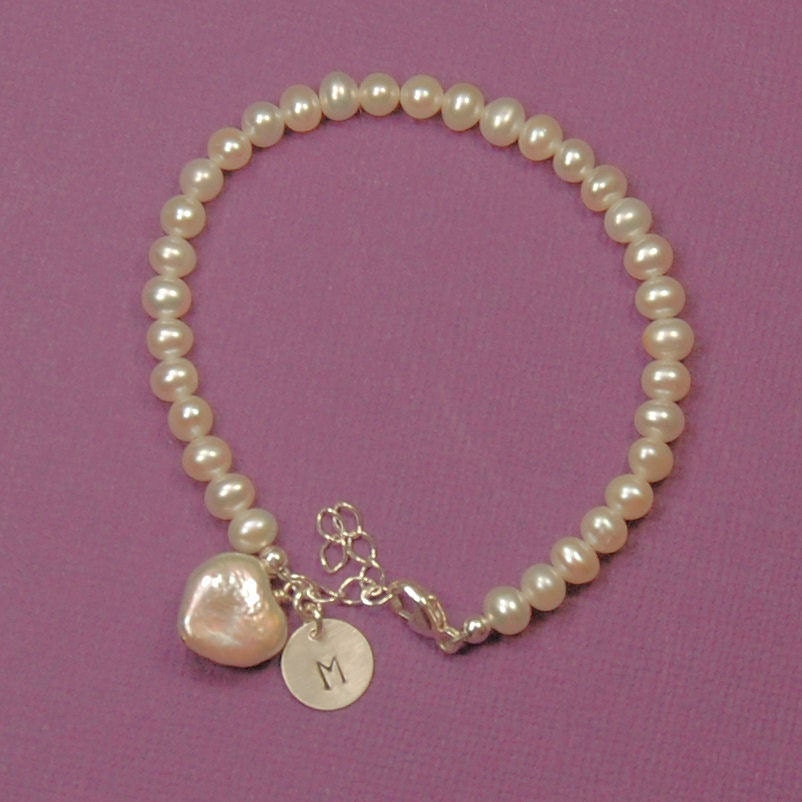 Heart Pearl Bracelet Initial Charm Flower by herecomesthebride