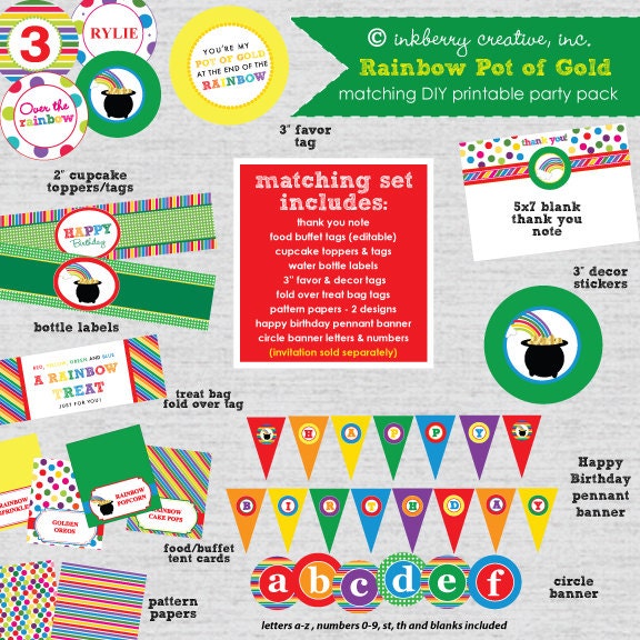 Rainbow Pot of Gold Birthday Party - DIY/Printable Complete Party Pack Il_570xn