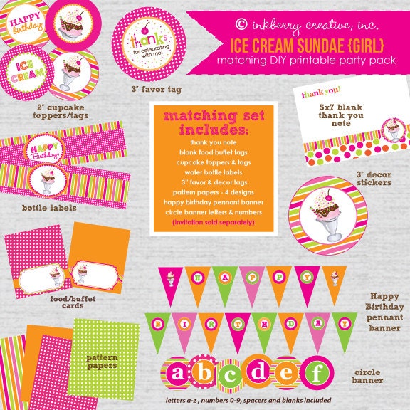 Sprinkles On Top - Ice Cream Sundae (Orange/Pink Girl's Colors) Birthday Party - DIY/Printable Complete Party Pack Il_570xn