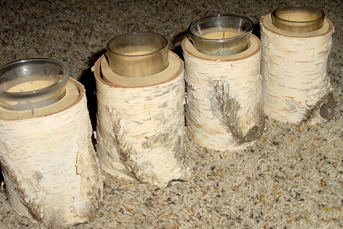 4 Piece Birch Bark Tea Lights for Rustic Country Farmhouse Wedding - Cabin Candle Holder Decor