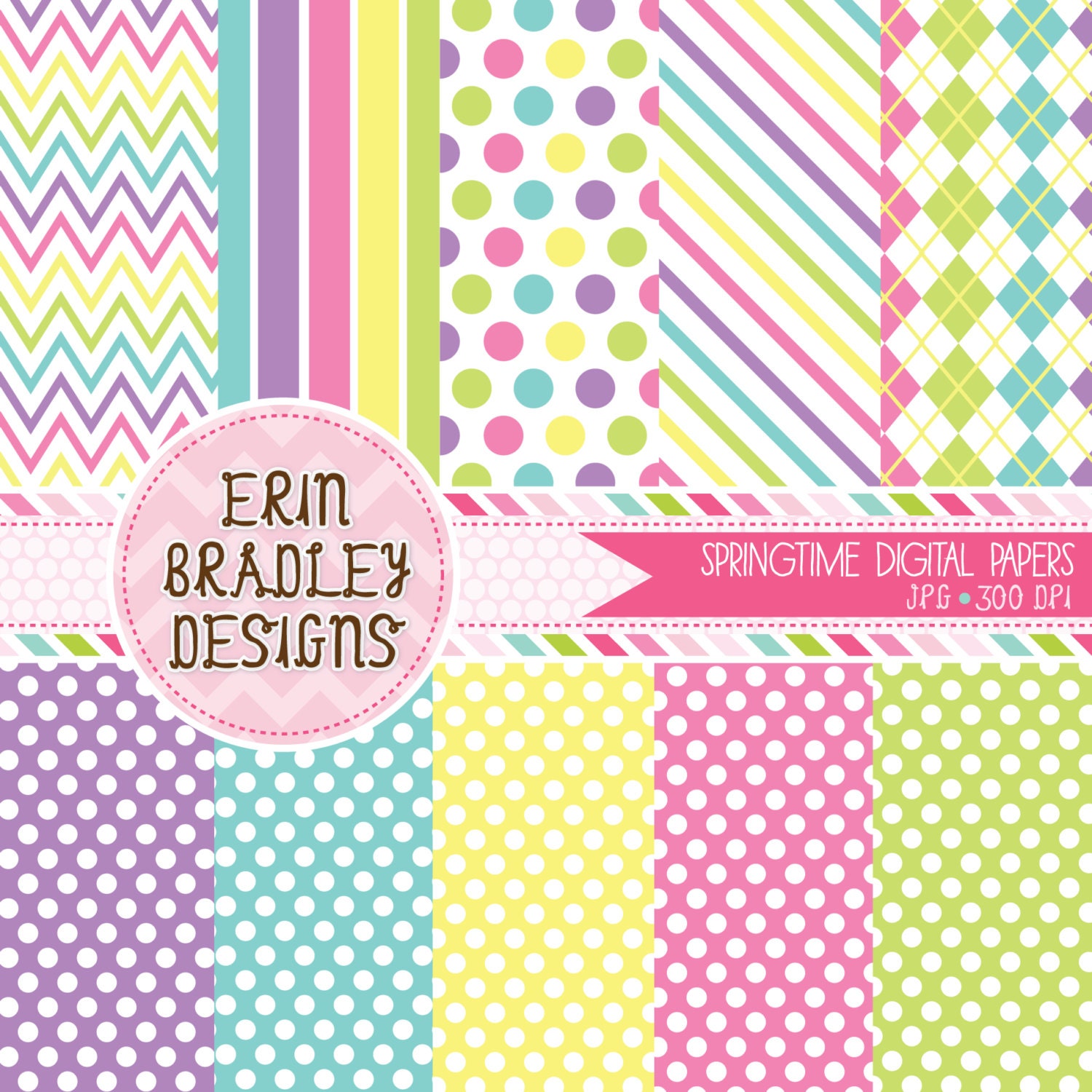 Digital Paper Pack Springtime Medley Polka Dots Stripes and Chevron Commercial Use & Instant Download Il_570xn