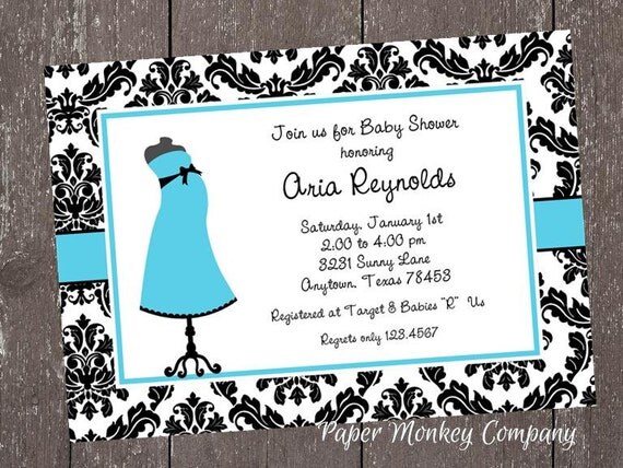 Damask Black and Blue Boy Baby Shower Invitation - 1.00 each with envelope Il_570xn