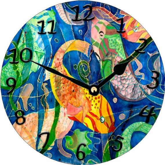 Tropical Fish Colorful large Wall Clock from my art by maremade