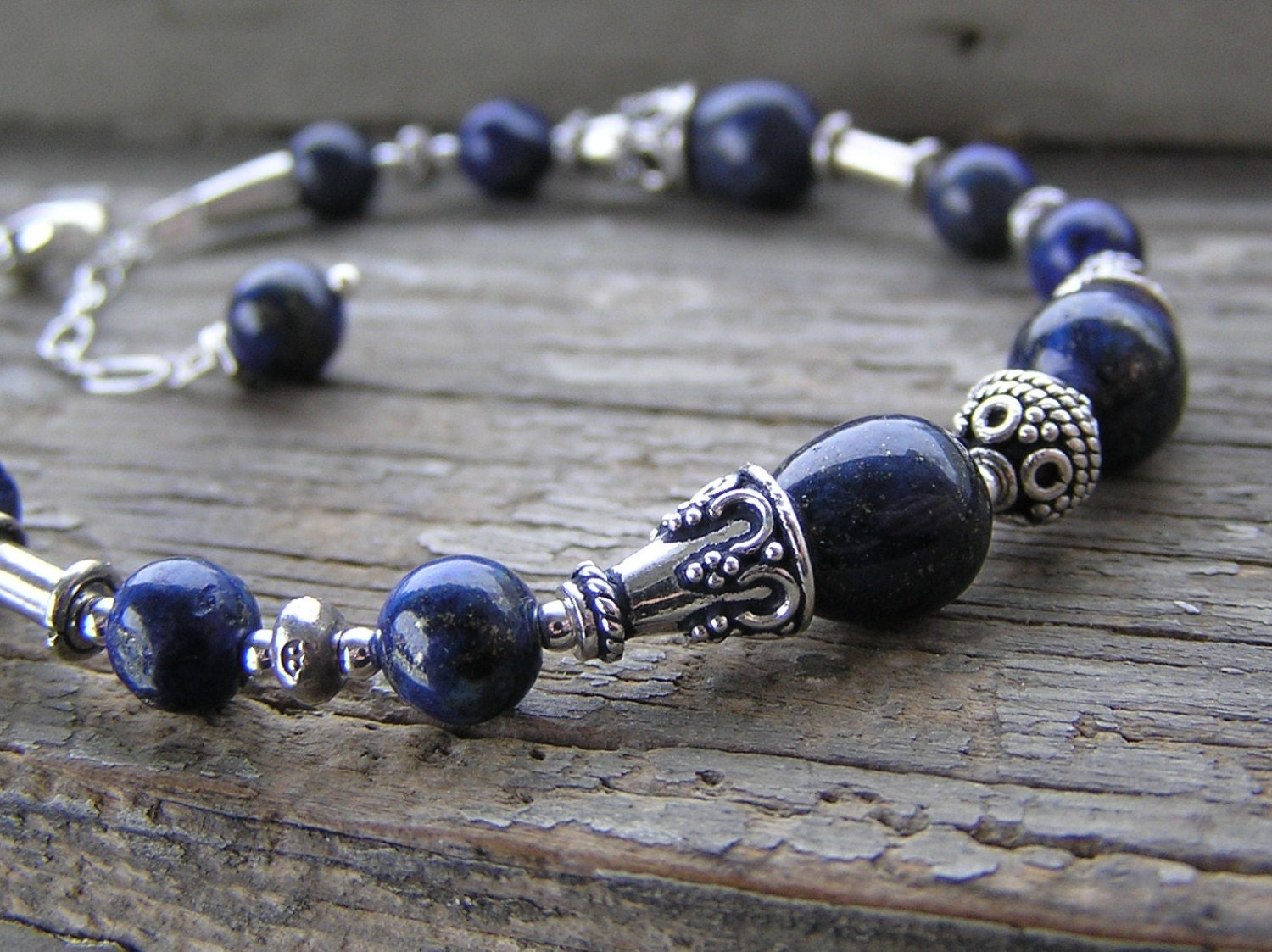 Genuine Lapis and Bali/Thai Sterling Silver Gemstone Bracelet