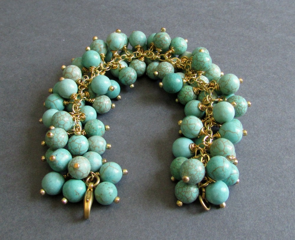 RESERVED - Chunky Charm Bracelet / Blue Green Magnesite and 14k Gold Plated Bracelet / Statement Bracelet - Dazzle