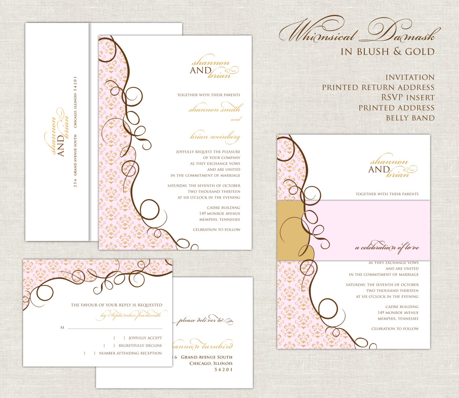 Whimsical Damask Wedding Invitations, Blush Pink Wedding Invitation, Wedding Invites, Gold, Logo Monogram, Flourish, Romantic, Belly Band Il_570xn