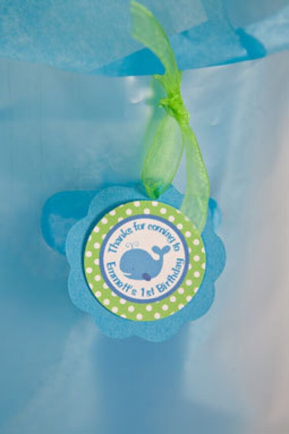 Whale Theme Favor Tags, Preppy Ocean Birthday Party Decorations in Blue and Green (12) Il_570xn