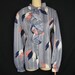 navy jabot blouse. 1970's red, white and blue leaf stripe. frill neck. large. new old stock.