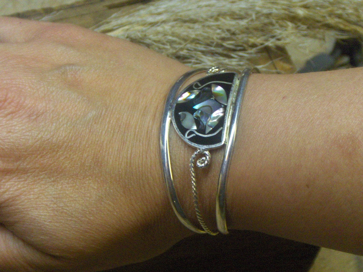 Vintage Alpaca Mexico and Abalone and black enamel Mosaic Cuff Bracelet