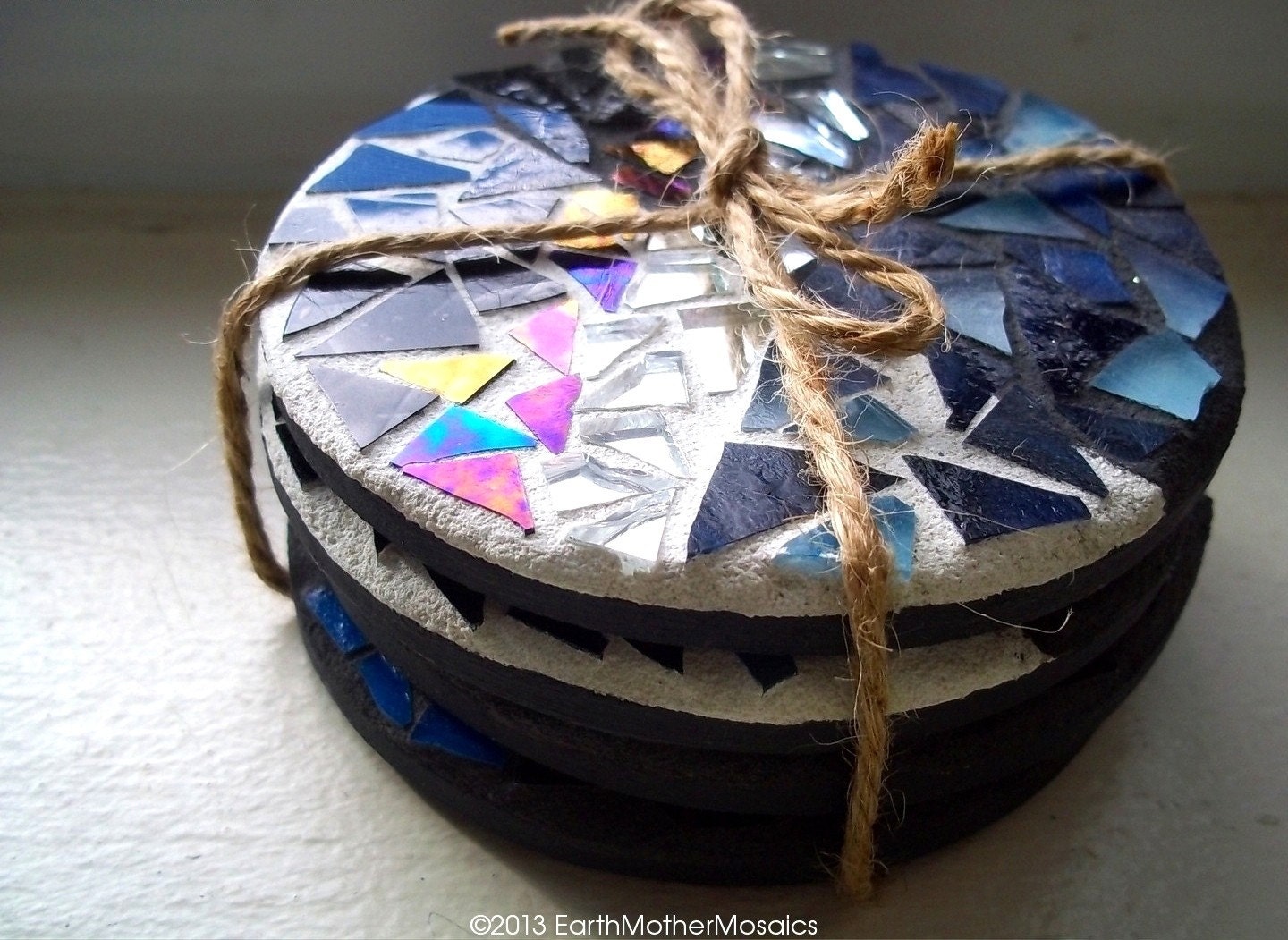 Mosaic Coasters: Stained Glass and Mirror, Black, Silver and Blue - Set of 4