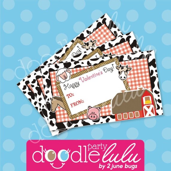 INSTANT DOWNLOAD DIY Printable Happy Valentine's Day Farm Barnyard Cards / Tags - 2 Designs from DoodleLulu by 2 june bugs Il_570xn