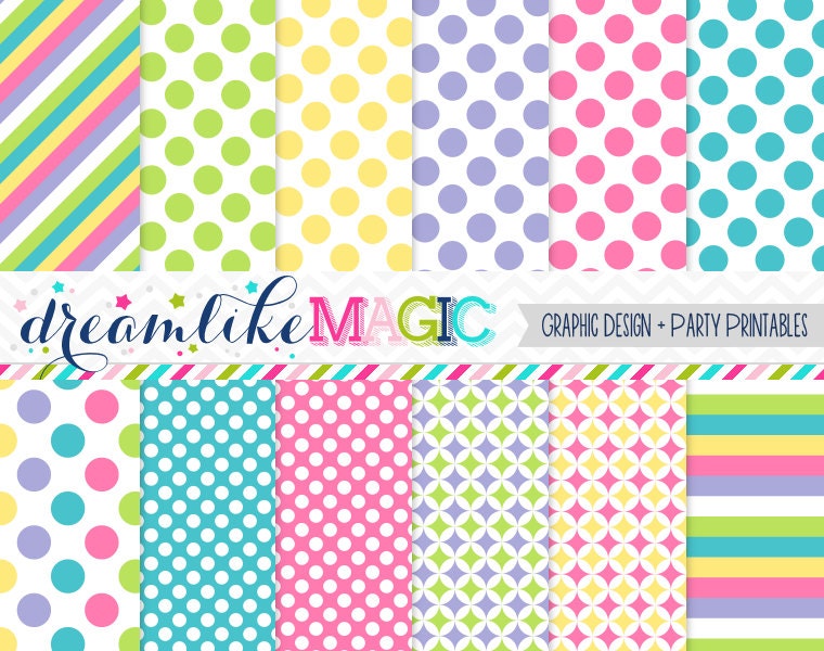 Fresh, Fun Candy Dots and Stripes Digital Paper Pack for Personal or Commercial Use Il_570xn