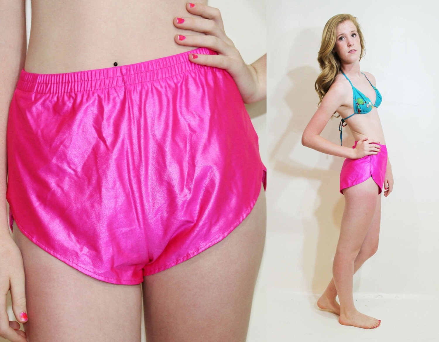 80s Swim Shorts High Waist Hot Pink Liquid Satin by ScarletFury