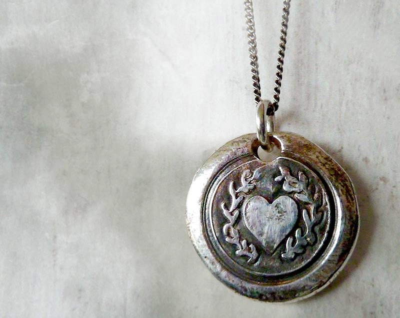 Laurel Heart. Wax Seal Necklace. Fine Silver Victorian Style.  Wax Seal Artisan Jewelry. Love Symbol. Sterling Chain - RenataandJonathan