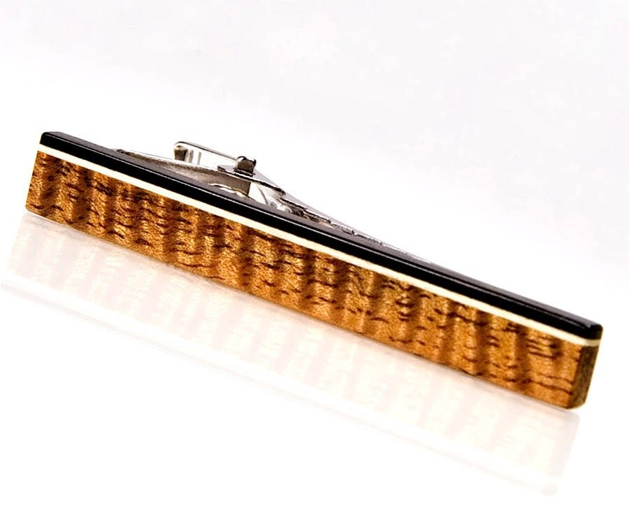  Figured Hawaiian Koa Ebony Holly - Wood Tie Bar - Great Gift Idea