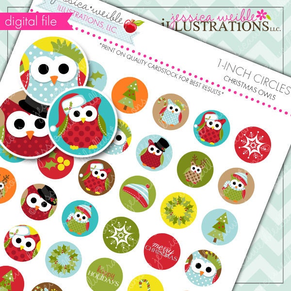 Christmas Owls Theme Printable 1 inch Circle Collage Sheet, 1-inch Bottle Cap Circles, Digital File Il_570xn