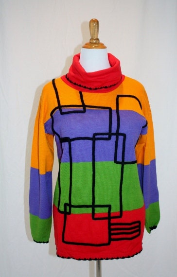 1980's Colorblock Sweater Medium Orange Purple Green Red Black Abstract Turtleneck Wool Blend Hipster Vintage Retro 80's - Retromomo 1980's Colorblock Sweater Medium Orange Purple Green Red Black Abstract Turtleneck Wool Blend Hipster Vintage Retro 80's - Retromomo