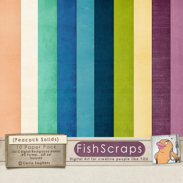Peacock Solid Color Digital Paper Pack - Card Stock Printable - Purple, Blue, Green - Textured Scrapbook Paper, Plain Color Paper Il_570xn