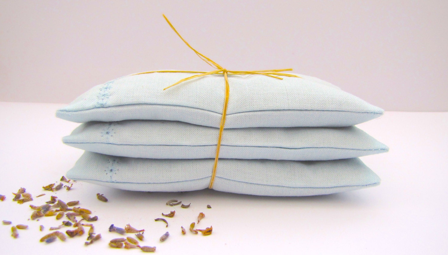 Embroidered Lavender Sachet Pillows - Set Of Three - Pure Cotton Pouches In Sky Blue - by mirrymirry