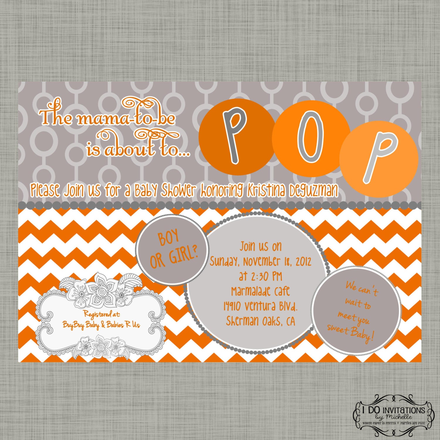The mama to be is about to POP Baby Shower Invitation - Orange & Gray - Digital File Il_570xn