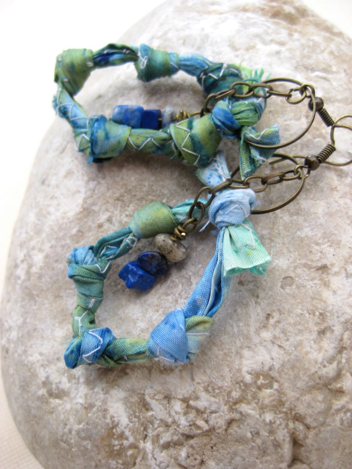 Adrift Mixed media earrings with aqua, turquoise, cobalt hand dyed ribbon and blue rock beads