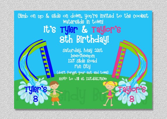 Twins Siblings Waterslide Birthday Party Invitation Waterslide Birthday Party Invitation Printable Il_570xn
