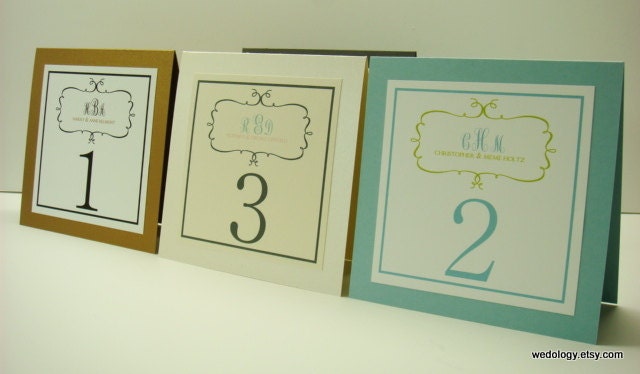 Wedding Table Numbers with your New Married Monogram and Bride and Groom Names Prepared in Your Wedding Reception Colors