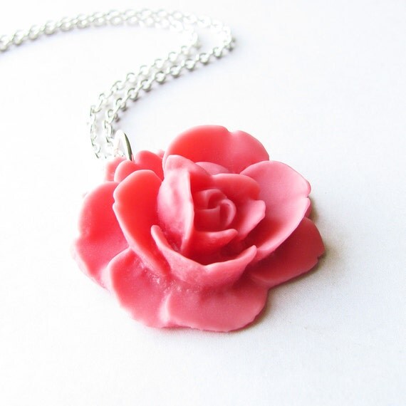 Rose Flower Necklace Coral Pink Rose Resin by SimpleSquirrel