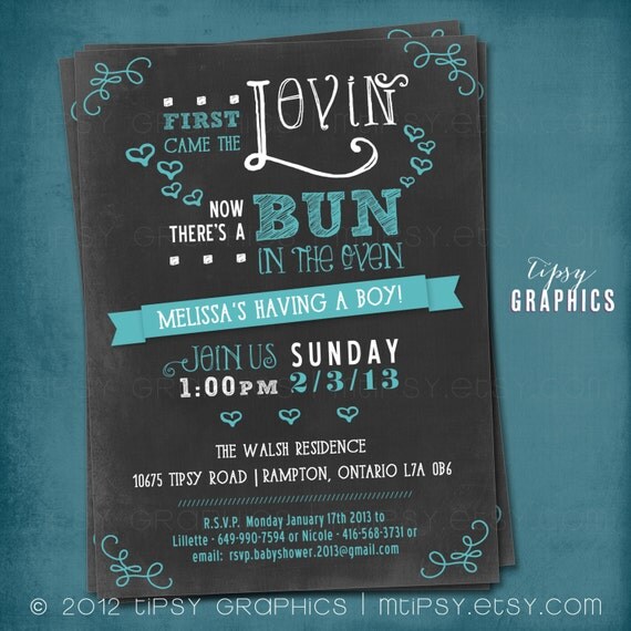 First Came the Lovin. Chalkboard Bun in the Oven Baby Shower Invite by Tipsy Graphics. Any colors Il_570xn