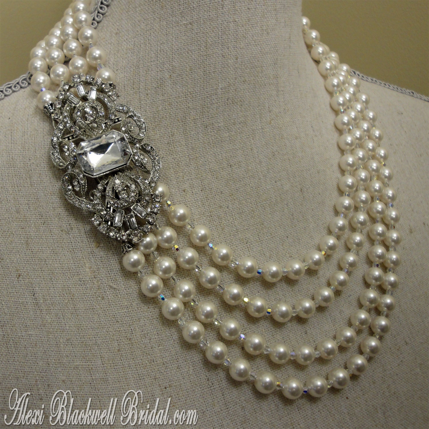 Great Gatsby Pearl Necklace Set With Brooch Art Deco Style