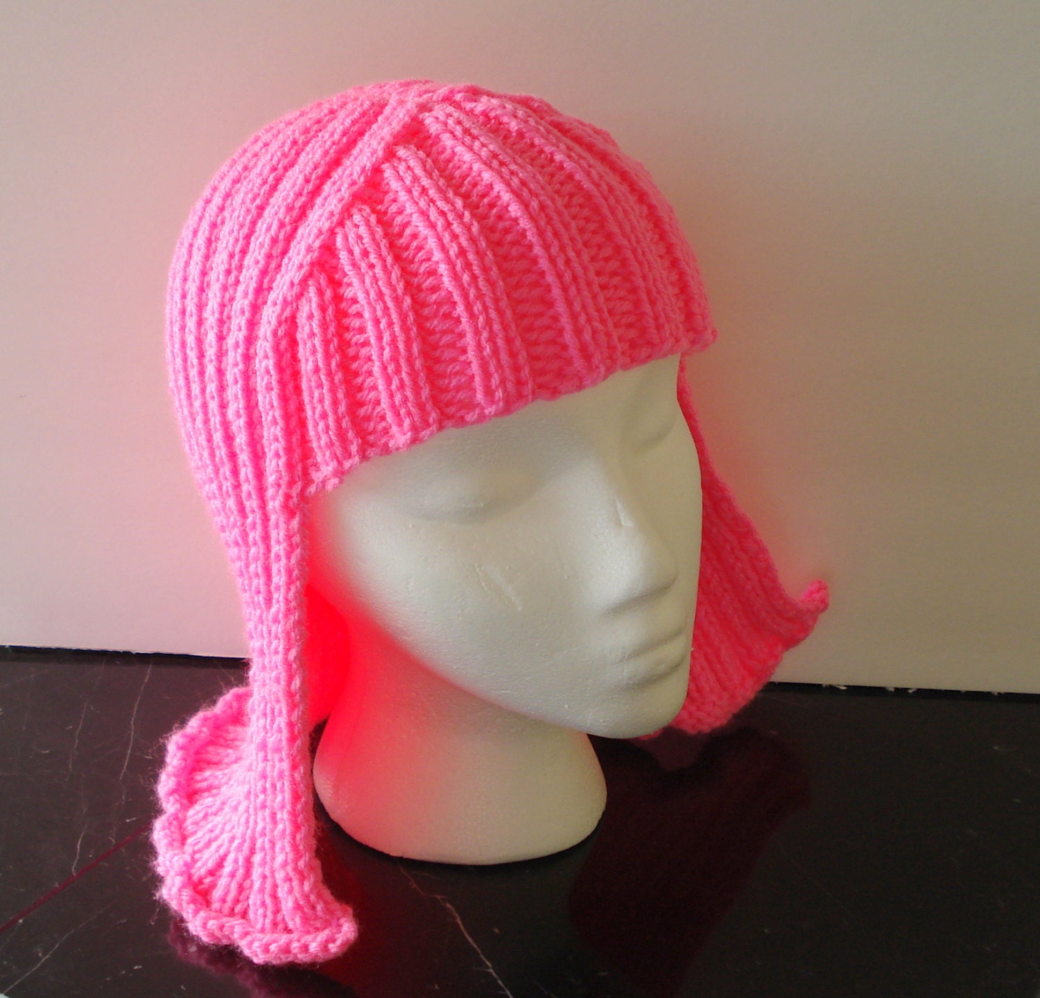 Bright Pink Hat Hair knit wig Neon Pink