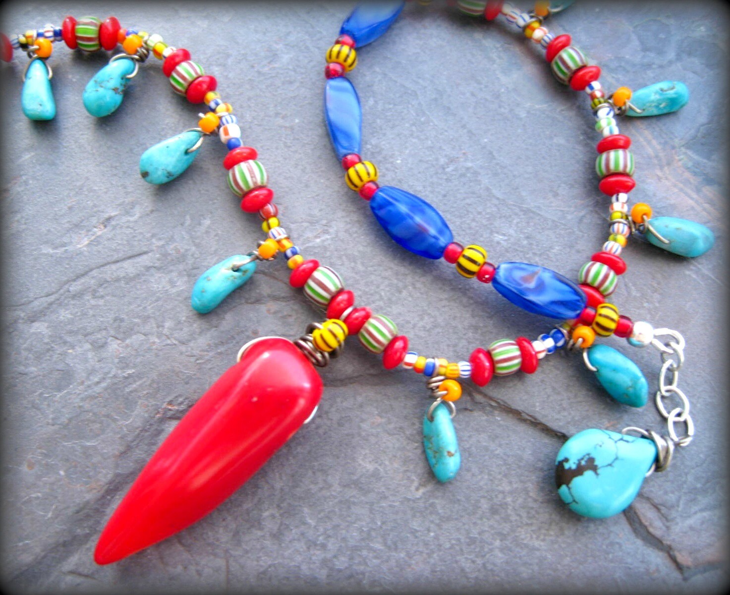 SALE Tribal Red Coral and Turquoise Necklace, Ethnic African Bead Necklace, Ethnic Jewelry