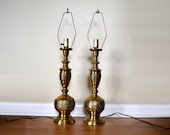 Vintage Brass Lamps, Table Lamp Pair, 1960s Hollywood Regency Lighting, Gold Tone Home Decor, Asian, Tropical Bird Design, Exotic