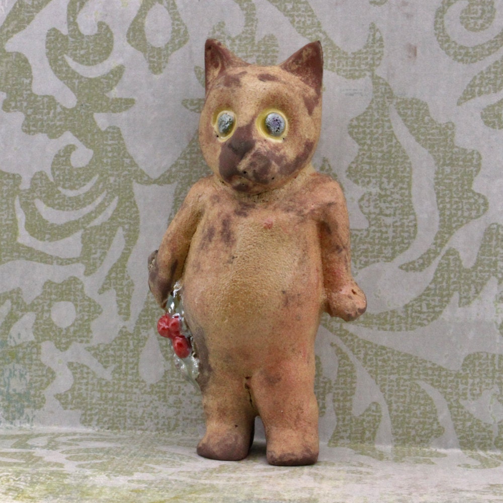 Cat Human Hybrid Carrying Flowers Doll Raku Ceramic by oscarcrow