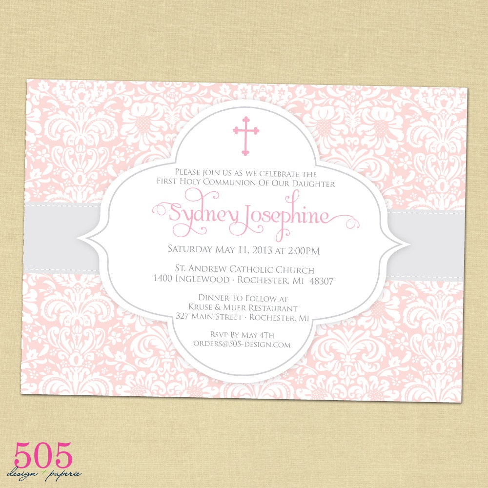 Damask Pink Communion Invitation - Printable File by 505 Design Paperie Il_570xn