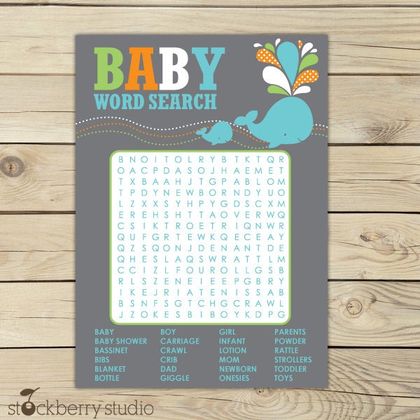 Whale Baby Shower Aqua Blue Printable Word Search Game - Instant Download Il_570xn