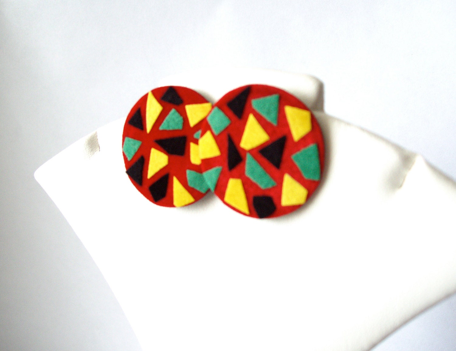 Eco Friendly Red, Green, Yellow, Black Graphic Mosaic Earring Studs - LaNomRahDesigns Eco Friendly Red, Green, Yellow, Black Graphic Mosaic Earring Studs - LaNomRahDesigns