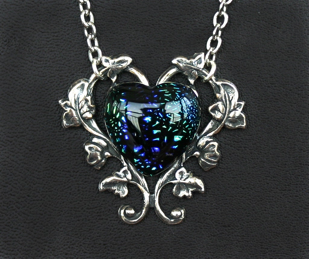 Green and Blue Dichroic Glass Heart Cabochon Necklace