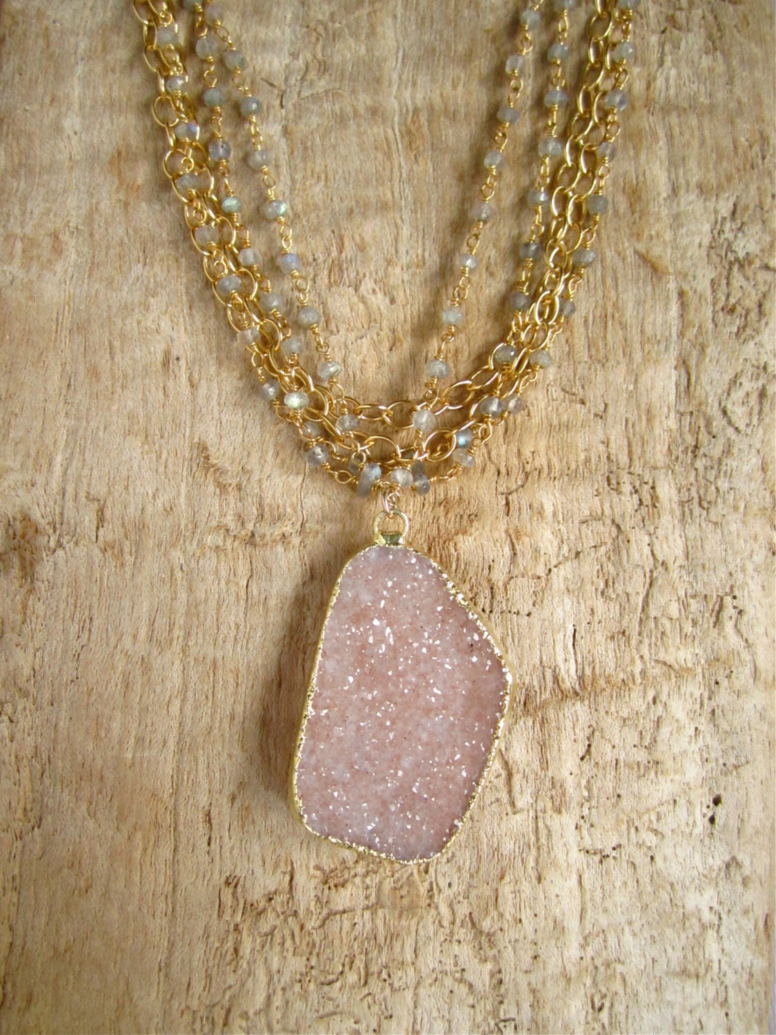ON SALE 35% Large Druzy Necklace Drusy Quartz Labradorite Layered Chain 14K Gold Fill