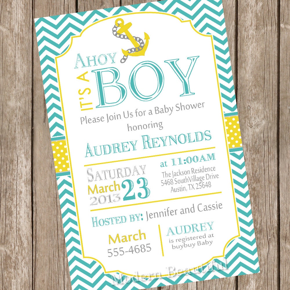 Chevron Ahoy it's a boy baby shower invitation, teal, yellow, anchor, nautical, digital file Il_570xn