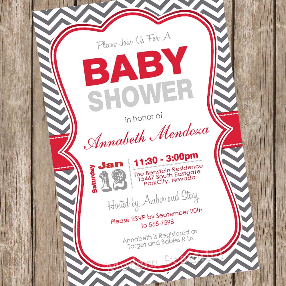 Neutral Baby Shower Invitation Red and Grey Chevron Printable Personalized 20121202-K1-1F Il_570xn
