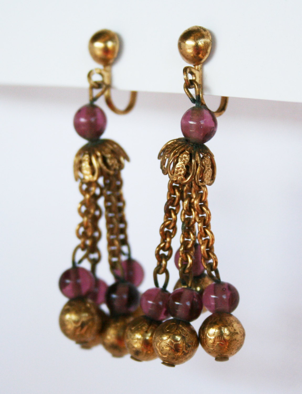 Vintage Earrings-Amethyst Glass and Brass Filigree Beads