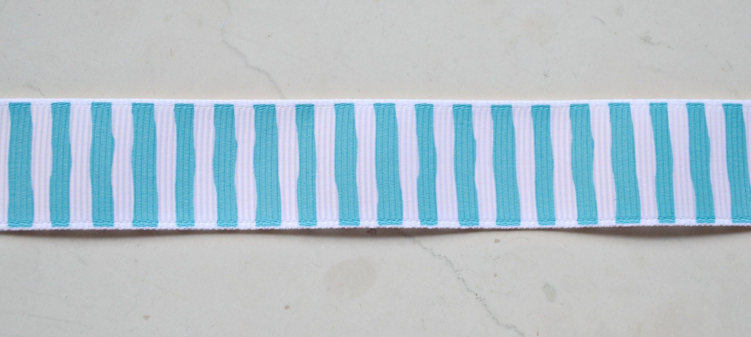 Turquoise blue and white wonky stripes on 7/8" grosgrain ribbon- spring/easter Il_570xn