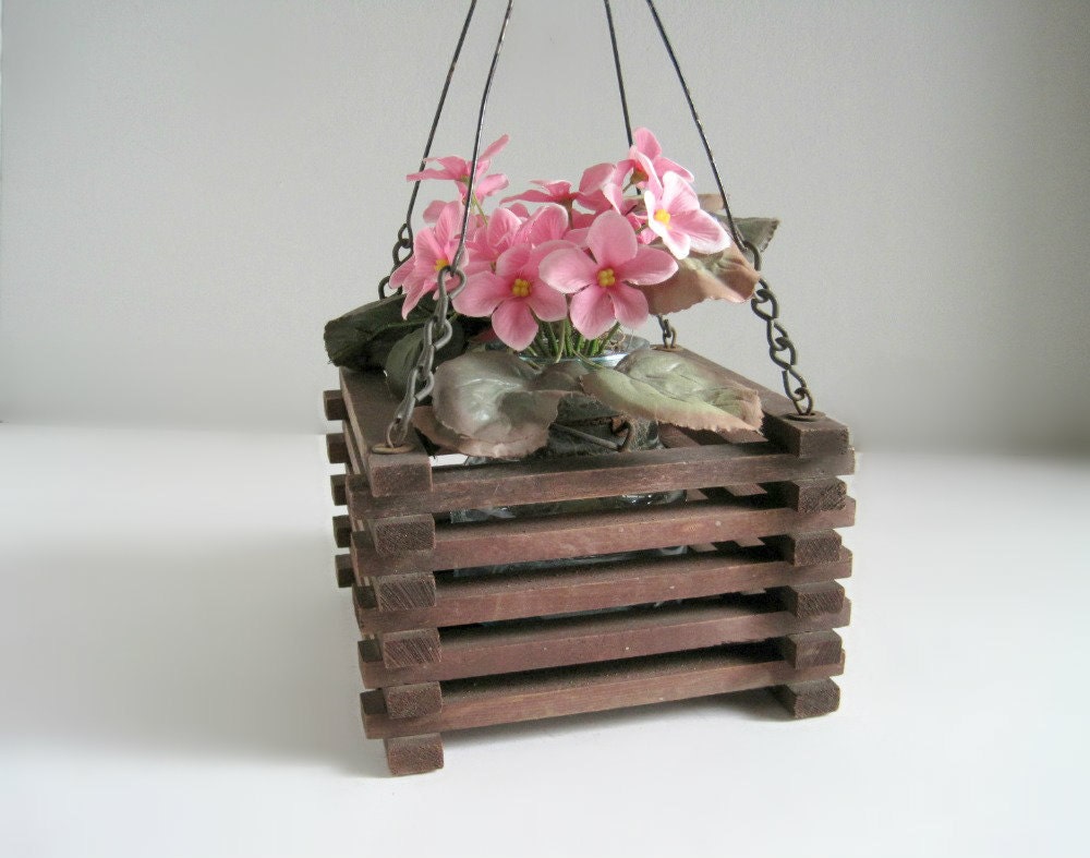 Vintage Rustic Wood Hanging Planter - Cottage Chic Garden